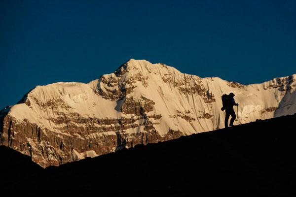 Photograph Patrick Bennett Climber Silouhetted Agains Mt Aconcagua on One Eyeland