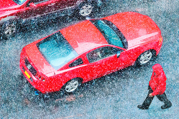 Photograph Mitchell Funk Two Red Cars In The Rain on One Eyeland
