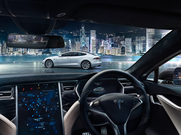 Photograph Migs  Tesla Model S Interior Hong Kong Skyline on One Eyeland