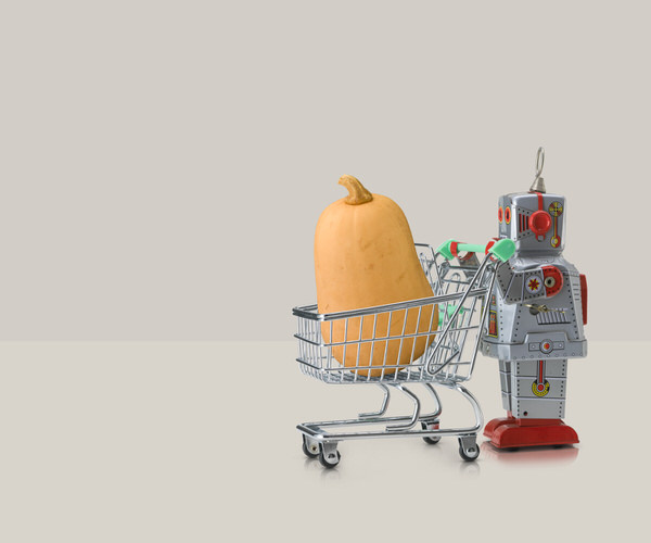 Photograph Owen Smith Robot And Trolley With Butternut Squash on One Eyeland