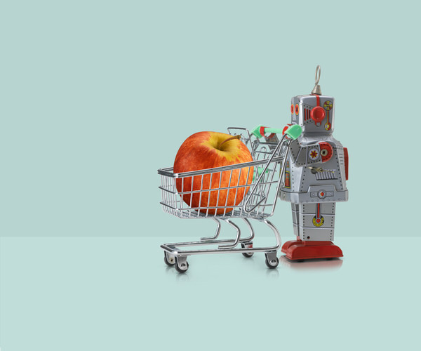 Photograph Owen Smith Tin Robot And Supermarket Trolley And Apple on One Eyeland
