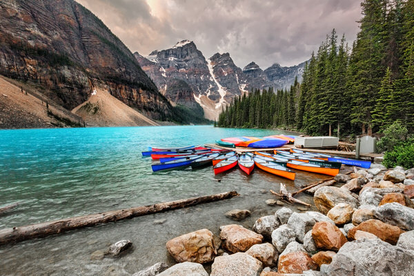 Photograph Brian Adamson Moraine Lake Canoes on One Eyeland