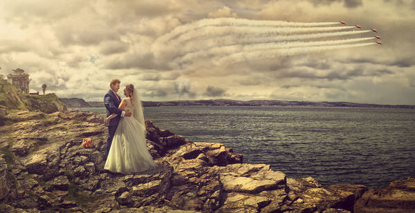 Photograph Vicki Lea Boulter Wedding At Berryhead With Red Arrows Fly Over on One Eyeland