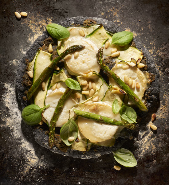 Photograph Sue Atkinson Courgette Goats Cheese And Asparagus Black Pizza on One Eyeland