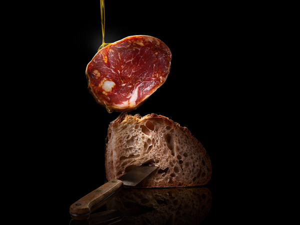 Photograph Paco Arara Iberian Chorizo Bread Olive Oil Anf Knife on One Eyeland
