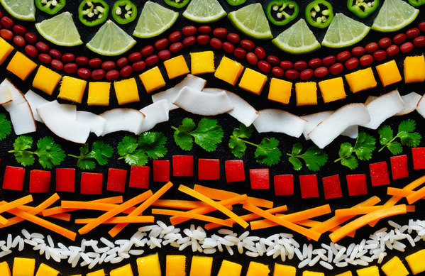Photograph Karen Thomas Caribbean Rice Salad Ingredients Pattern on One Eyeland