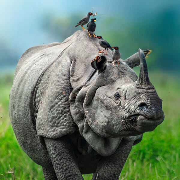 Photograph Jayanta Guha One Horned Rhino With Jungle Mynas on One Eyeland