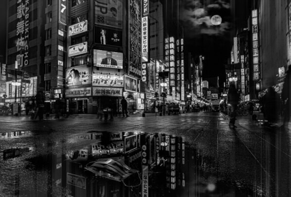 Photograph Jin Tamaoki Surgical Mask And Moon And Shinjuku on One Eyeland