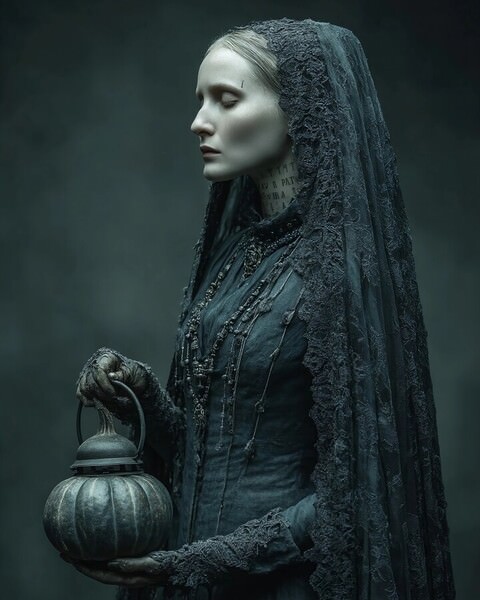 Photograph Flora Paulina A Beautiful Widow Veiled In Tattered Black Lace on One Eyeland
