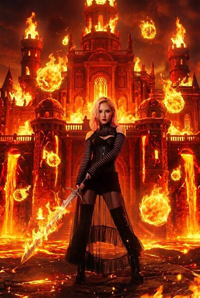 Photograph Strat Cast Flaming Female Swordswoman on One Eyeland