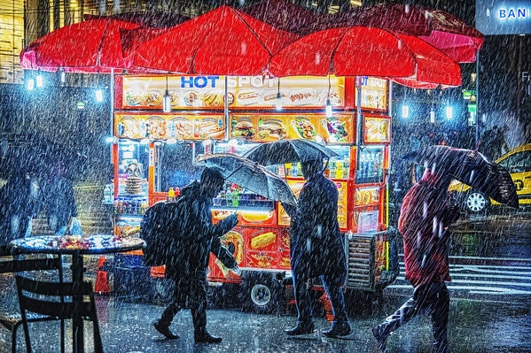 Photograph Mitchell Funk Food Cart On Rainy Night on One Eyeland