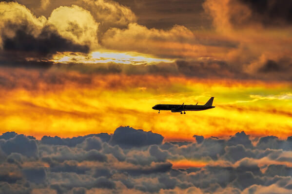 Photograph Mitchell Funk Airplane Flying Through Golden Clouds on One Eyeland