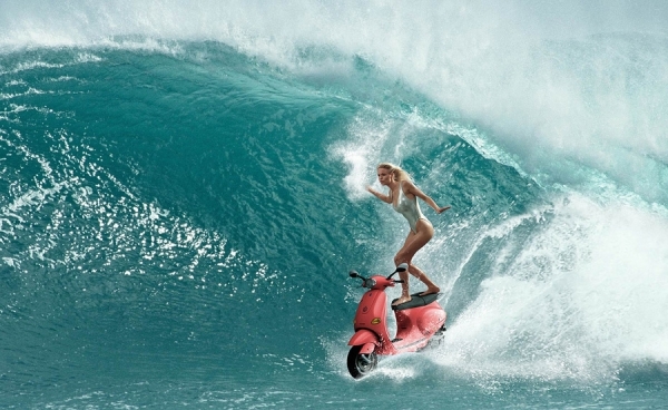 Photograph Glen Wexler Vespa Surfing on One Eyeland