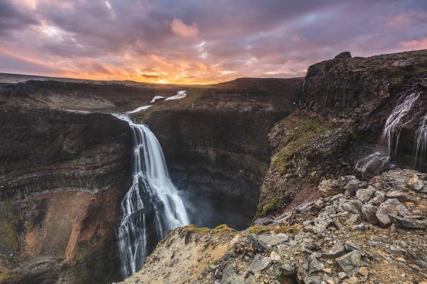 Photograph Sergio Arias Sunset At Haifoss Waterfall on One Eyeland