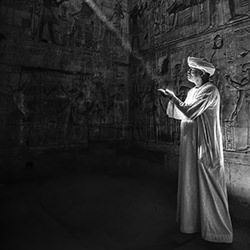 50 Years at Karnak Temple, Portrait of Mahmoud-Rachelle Steele-gold-black_and_white-15903