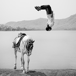Complete Trust, Lake Side Portrait of Roshan and his Stallion Tufan-Rachelle Steele-silver-black_and_white-15951