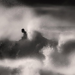 Surfer in sea mist-Erica Mitchell-finalist-black_and_white-18372